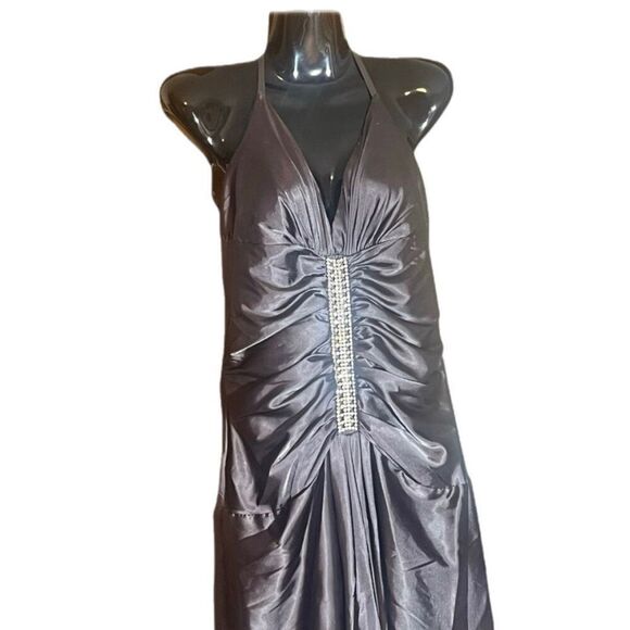 Jessica McClintock Gunmetal Vintage Halter Jeweled Detail Gown Sz12 - Picture 4 of 8